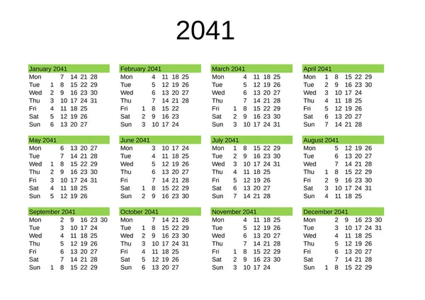 Calendário Ano 2041 Língua Inglesa — Vetor de Stock