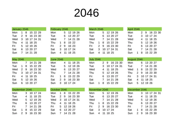 Calendário Ano 2046 Língua Inglesa —  Vetores de Stock