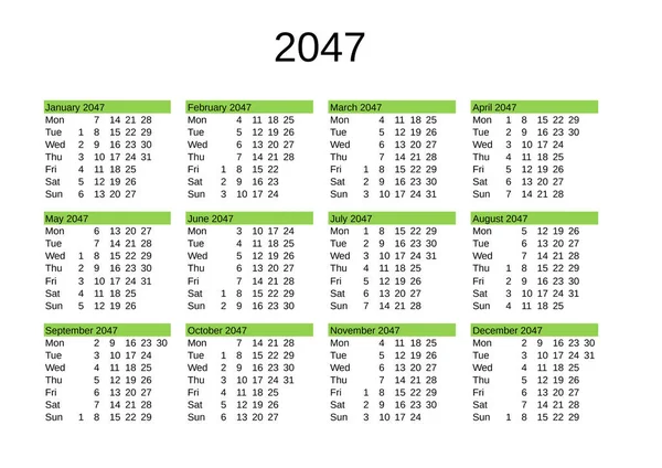 Calendar Year 2047 English Language — Stock Vector