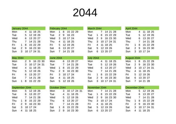 Calendário Ano 2044 Língua Inglesa —  Vetores de Stock