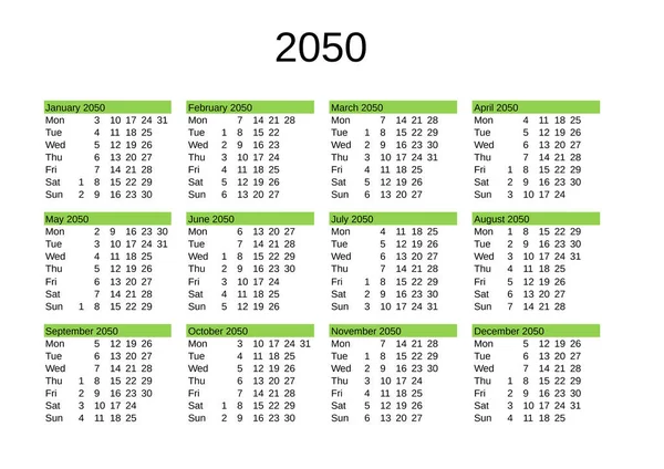 Calendário Ano 2050 Língua Inglesa —  Vetores de Stock