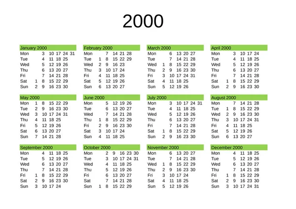 Calendario Del Año 2000 Lengua Inglesa — Vector de stock