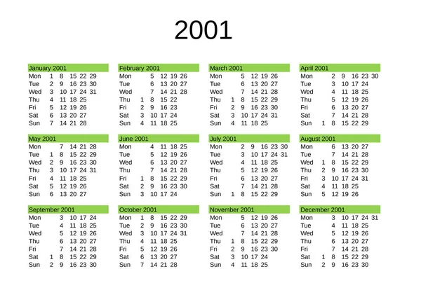 Calendario Dell Anno 2001 Lingua Inglese — Vettoriale Stock
