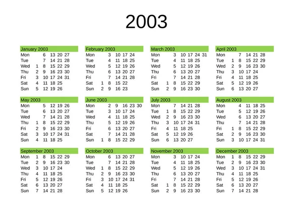 Календар 2003 Року Англійською Мовою — стоковий вектор