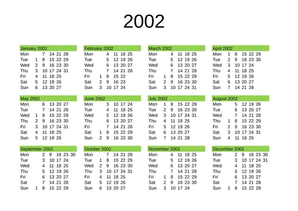 Kalendarz Roku 2002 Języku Angielskim — Wektor stockowy