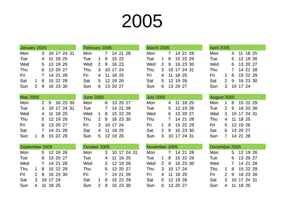 Kalendarz Roku 2005 Języku Angielskim — Wektor stockowy