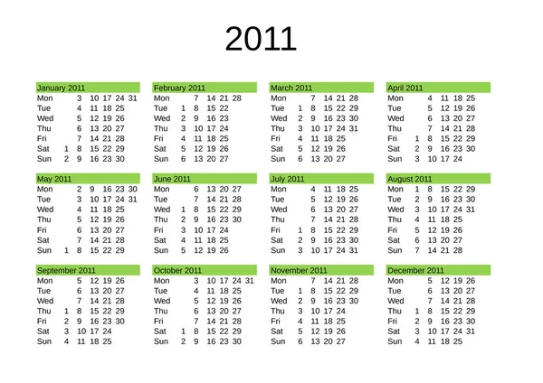 Календар 2011 Року Англійською Мовою — стоковий вектор