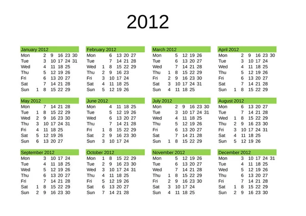 Ημερολόγιο Έτους 2012 Στην Αγγλική Γλώσσα — Διανυσματικό Αρχείο