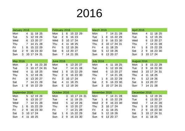Jahreskalender 2016 Englischer Sprache — Stockvektor
