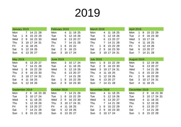 Kalendář Roku 2019 Anglickém Jazyce — Stockový vektor
