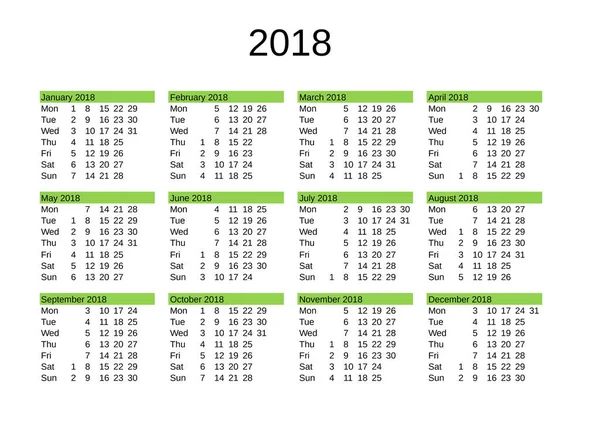 Calendário Ano 2018 Língua Inglesa — Vetor de Stock