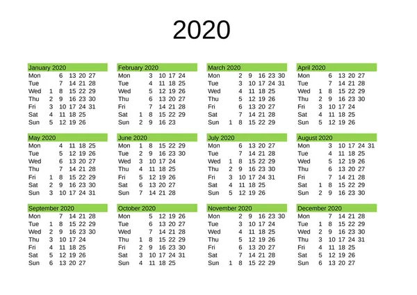 Calendario Del Año 2020 Inglés — Archivo Imágenes Vectoriales