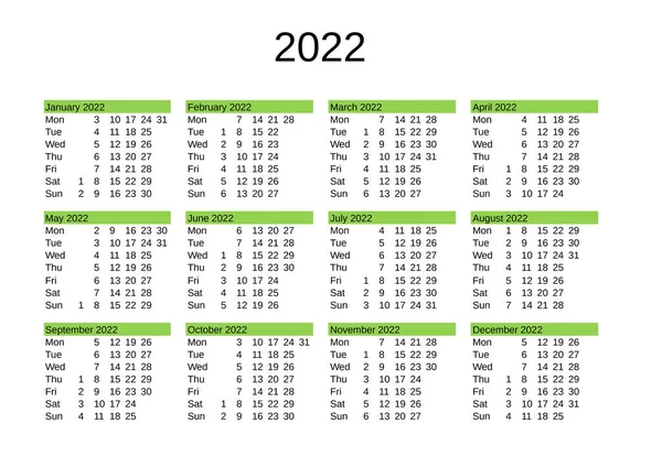 Calendario Del Año 2022 Inglés — Archivo Imágenes Vectoriales
