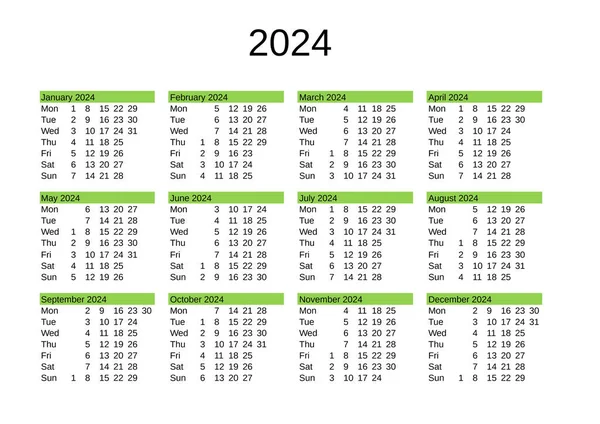 2024 Yılının Takvimi Ngilizce — Stok Vektör