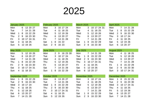 カレンダー2025年の英語版 — ストックベクタ