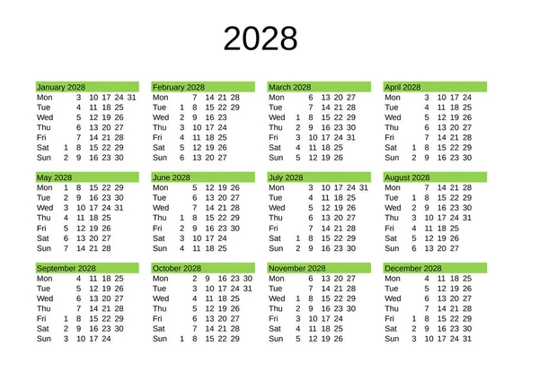 Jahreskalender 2028 Englischer Sprache — Stockvektor