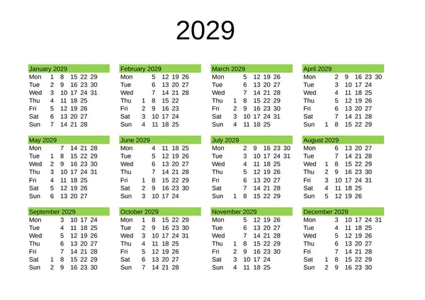 Kalender 2029 Engelska — Stock vektor