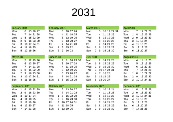 Calendário Ano 2031 Língua Inglesa —  Vetores de Stock