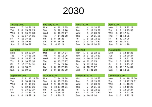 2030 Yılının Takvimi Ngilizce — Stok Vektör