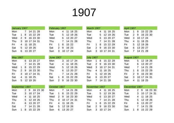 Jahreskalender 1907 Englischer Sprache — Stockvektor
