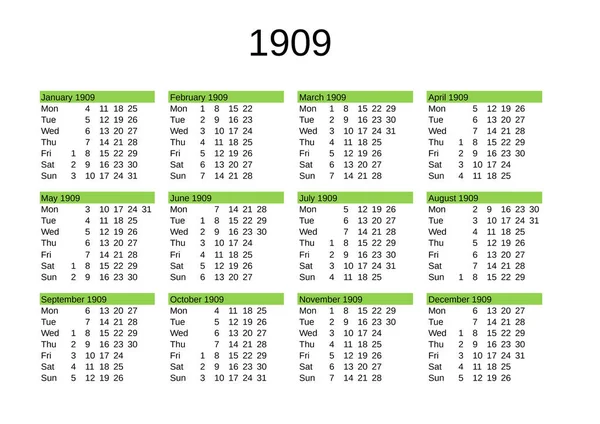 Calendario Del Año 1909 Lengua Inglesa — Vector de stock