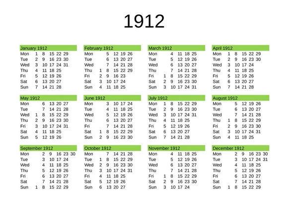 Календар 1912 Року Англійською — стоковий вектор