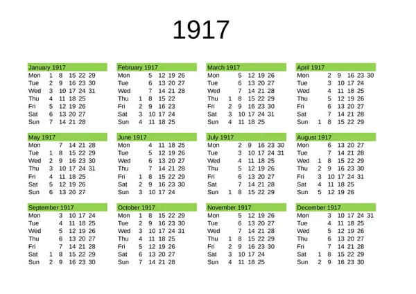 Kalendarz Roku 1917 Języku Angielskim — Wektor stockowy