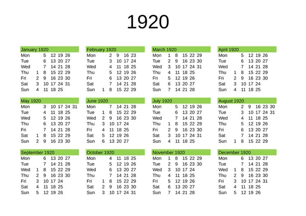 Calendario Del Año 1920 Lengua Inglesa — Vector de stock