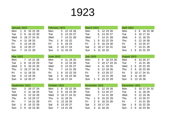 Kalendarz Roku 1923 Języku Angielskim — Wektor stockowy