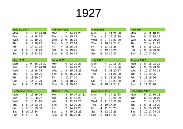 Kalendarz Roku 1927 Języku Angielskim — Wektor stockowy