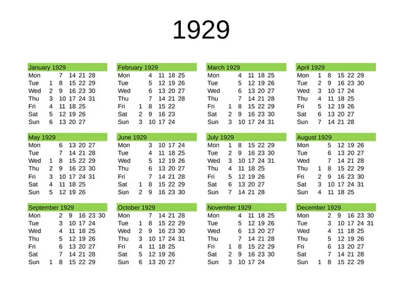 Kalendarz Roku 1929 Języku Angielskim — Wektor stockowy