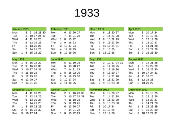 Calendario Dell Anno 1933 Lingua Inglese — Vettoriale Stock