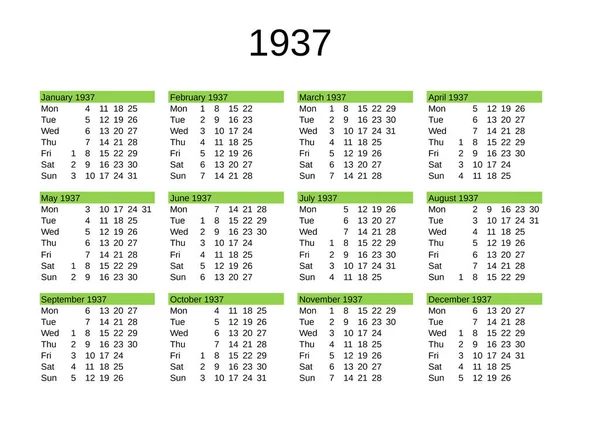 Calendario Dell Anno 1937 Lingua Inglese — Vettoriale Stock