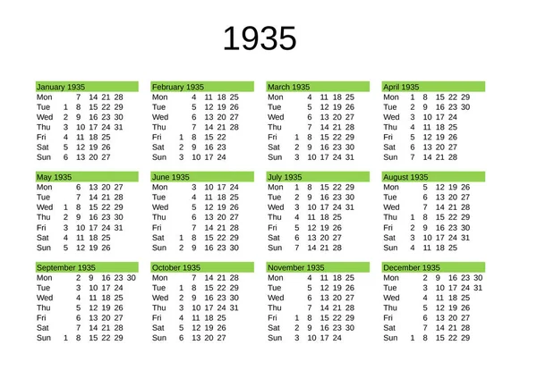 Calendario Dell Anno 1935 Lingua Inglese — Vettoriale Stock
