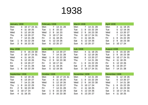 Kalendář Roku 1938 Anglickém Jazyce — Stockový vektor