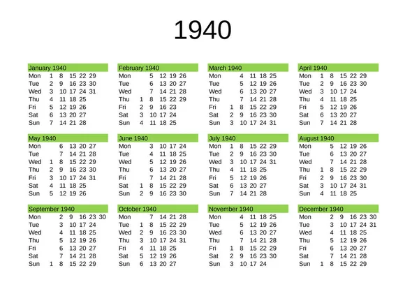 Kalendář Roku 1940 Anglickém Jazyce — Stockový vektor