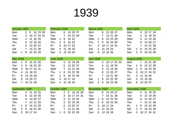 Calendario Dell Anno 1939 Lingua Inglese — Vettoriale Stock