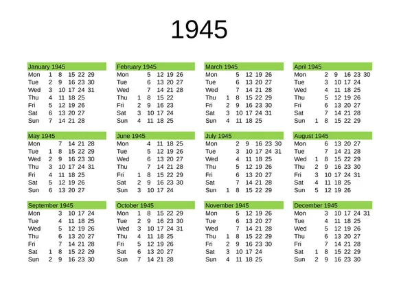Kalender Van Het Jaar 1945 Het Engels — Stockvector