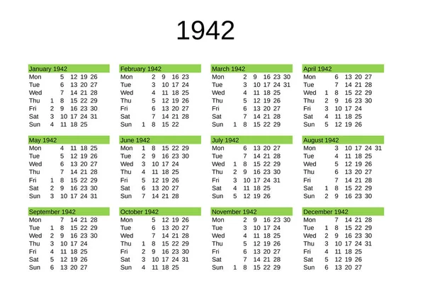 Calendar Year 1942 English Language — Stock Vector