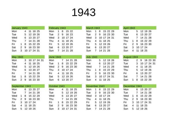 Ημερολόγιο Του Έτους 1943 Στην Αγγλική Γλώσσα — Διανυσματικό Αρχείο