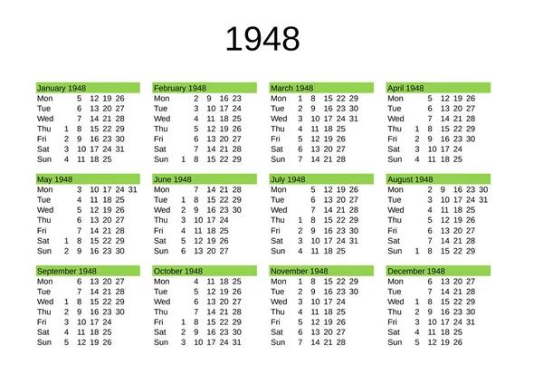 Kalender Van Het Jaar 1948 Het Engels — Stockvector
