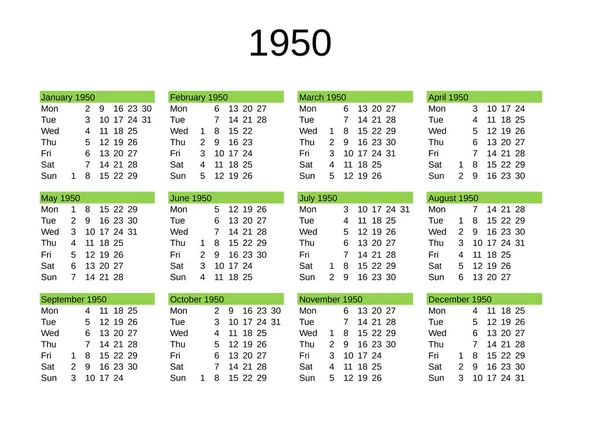 Kalendarz Roku 1950 Języku Angielskim — Wektor stockowy