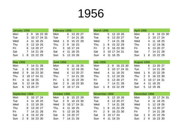 Jahreskalender 1956 Englischer Sprache — Stockvektor