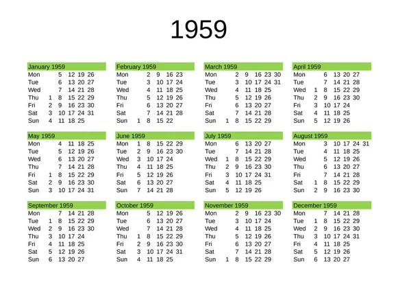 Kalender Från 1959 Engelska — Stock vektor