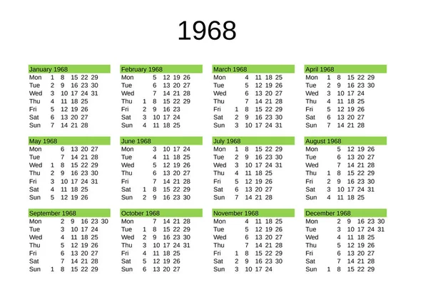 Kalender 1968 Engelska — Stock vektor