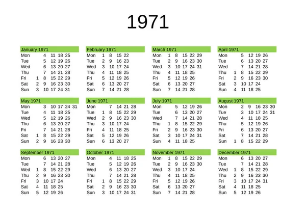 Calendario Del Año 1971 Lengua Inglesa — Vector de stock