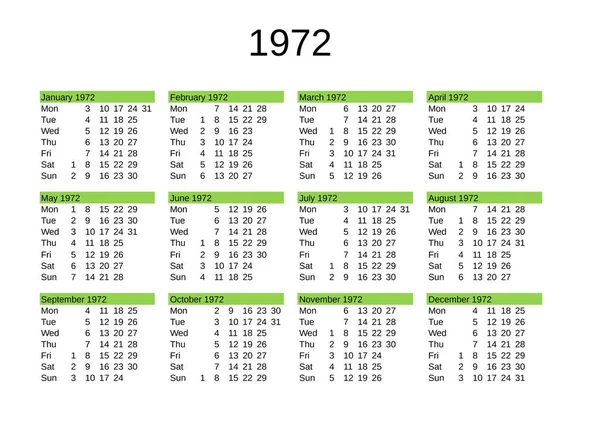 Jahreskalender 1972 Englischer Sprache — Stockvektor