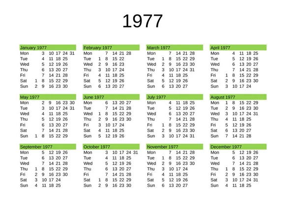 Kalender Van Het Jaar 1977 Engelse Taal — Stockvector