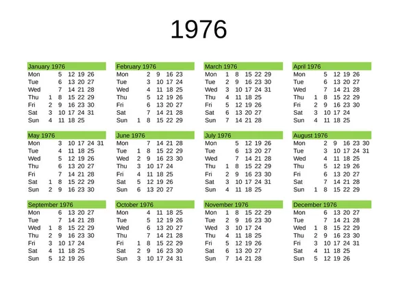 Ngilizce Olarak 1976 Yılının Takvimi — Stok Vektör