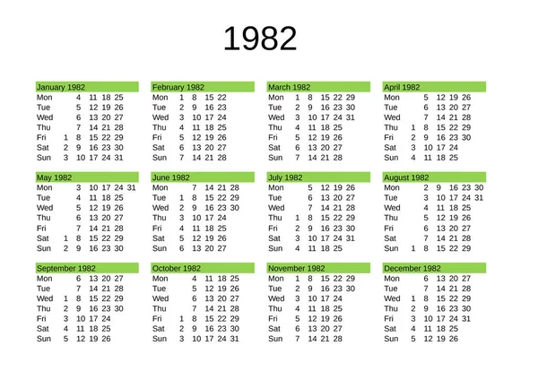 Jahreskalender 1982 Englischer Sprache — Stockvektor
